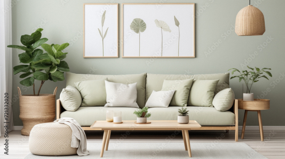 Living room interior with green sofa, coffee table and plants . Living room interior with green sofa, coffee table and plants .