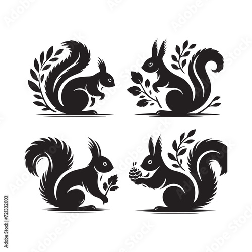 Foliage Frolic: Squirrel Silhouette Series Illustrating the Playful Frolic Amidst Lush Forest Greenery - Squirrel Illustration - Squirrel Vector - Animal Silhouette Vector

