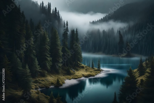 River flows into foggy and misty mountain lake © sundas
