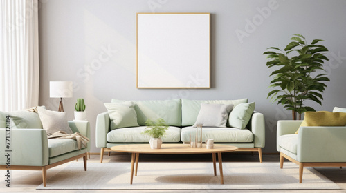 Living room interior with green sofa, coffee table and poster . © Art AI Gallery