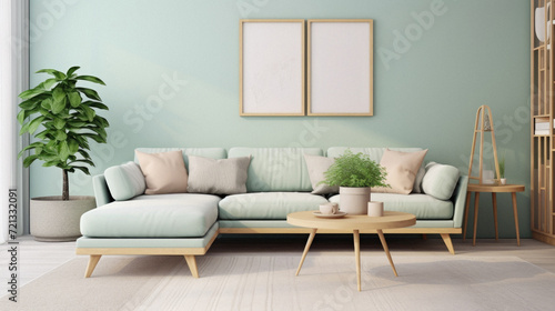 Interior of modern living room with green sofa © Art AI Gallery