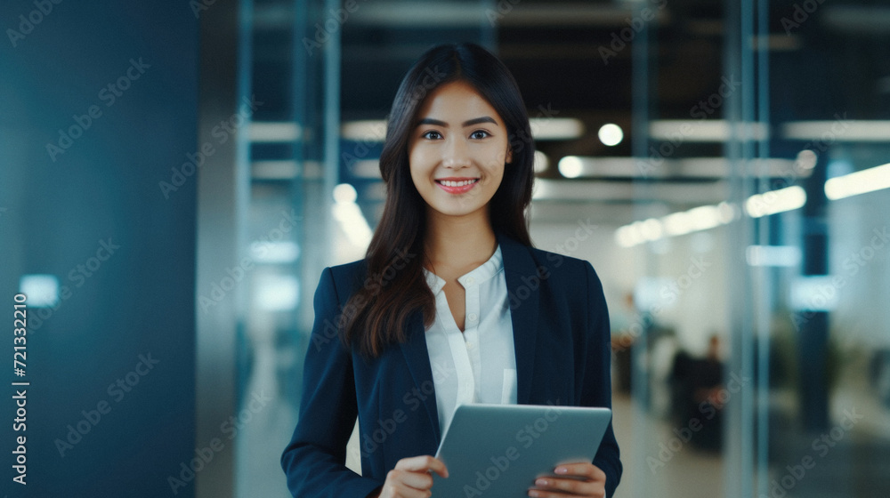 Portrait of young businesswoman using digital tablet while standing in office Portrait of young businesswoman using digital tablet while standing in office