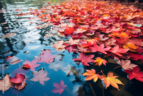 many Autumn leaves in water