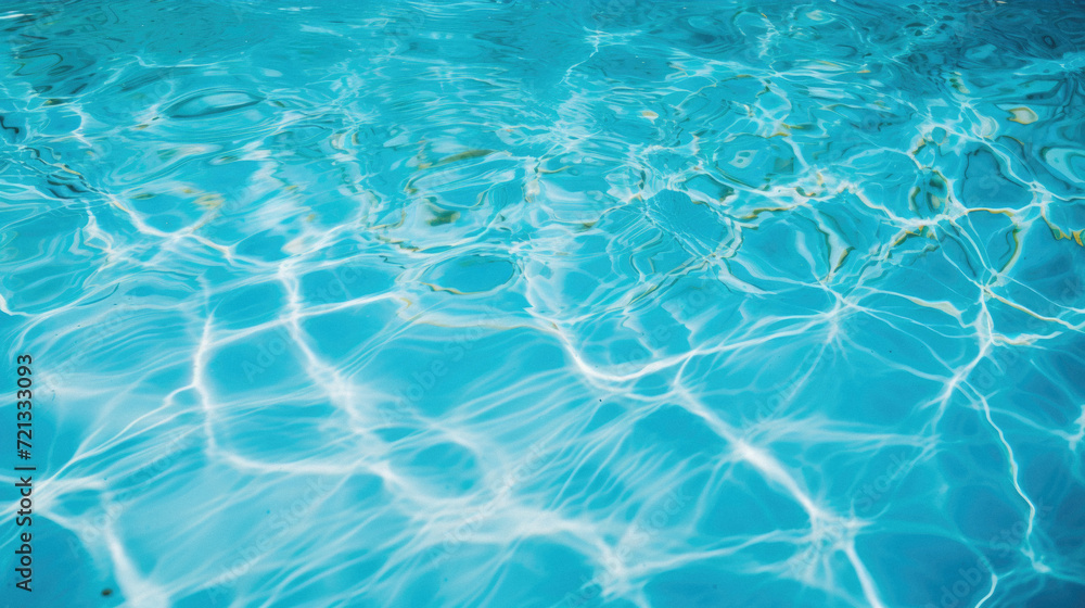 Blue swimming pool rippled water texture background with sun reflection .