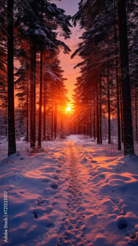 Beautiful sunset in the winter forest. Sunrise in the winter forest .