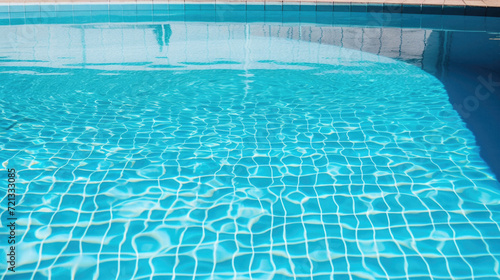 Swimming pool with blue water and sun reflections. Swimming pool background