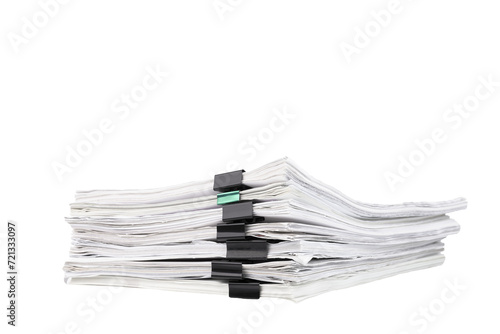 Stack of papers with paper clips, office folders. Transparent background. PNG.
