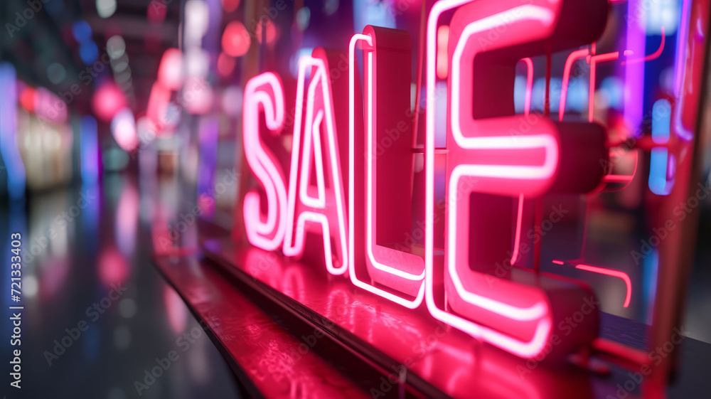Sale vibrant pink neon sign close-up in a blurred store window display, retail promotion concept - obrazy, fototapety, plakaty 
