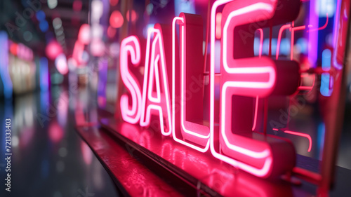 Sale vibrant pink neon sign close-up in a blurred store window display, retail promotion concept photo