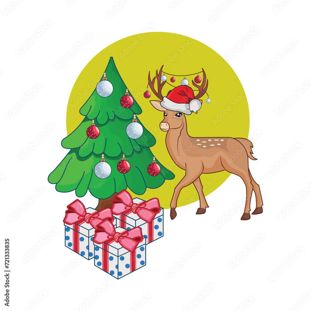 deer, gift box with christmass tree illustration