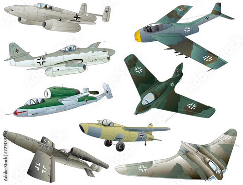 8 types of german rocket-propelled and jet engine fighters born at the end of World War II Illustration set.