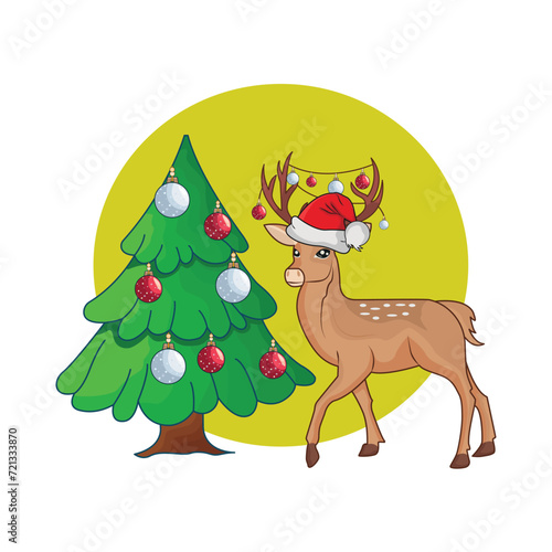 Fototapeta Naklejka Na Ścianę i Meble -  deer with christmas tree illustration
