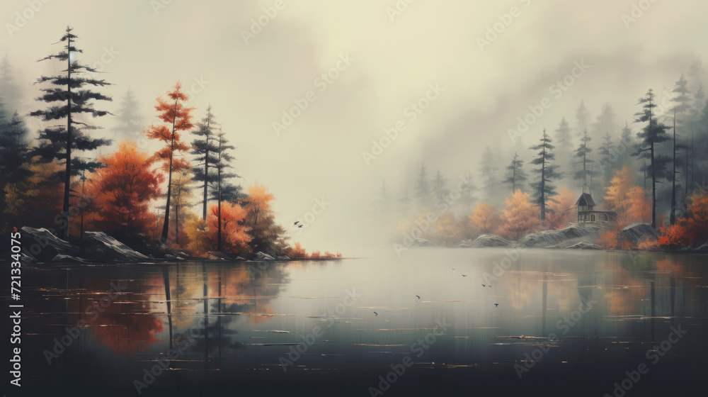 Fototapeta premium Lake fog sunrise with Autumn foliage and mountains