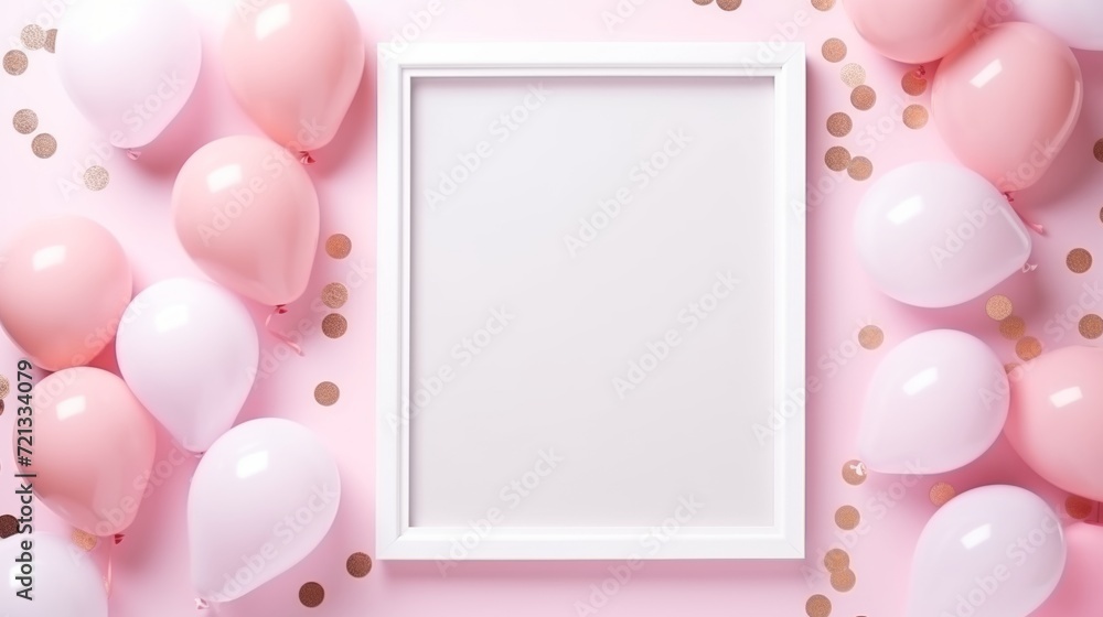Birthday celebration mockup: pastel balloons, confetti, and frame on pink table - top view flat lay composition