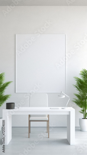 Interior of modern office with white walls  white wooden floor  white computer desk and plant. Vertical mock up poster .
