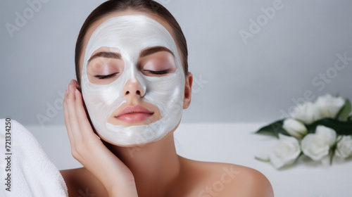 Beautiful young woman with a cosmetic mask on her face in a spa salon