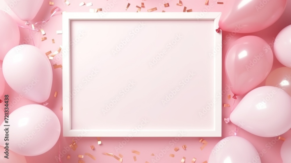 Birthday celebration mockup: pastel balloons, confetti, and frame on pink table - top view flat lay composition Birthday celebration mockup: pastel balloons, confetti, and frame on pink table - top view flat lay composition
