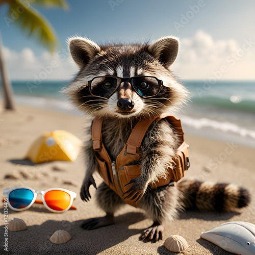 As I strolled along the sandy shore, the most adorable and fluffy sight caught my eye: a baby raccoon! This little creature seemed perfectly at ease amidst the gentle waves and warm sunshine. Its roun photo