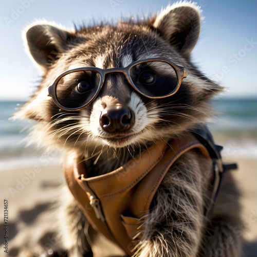 As I strolled along the sandy shore  the most adorable and fluffy sight caught my eye  a baby raccoon  This little creature seemed perfectly at ease amidst the gentle waves and warm sunshine. Its roun