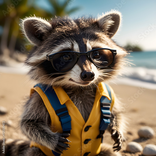 As I strolled along the sandy shore, the most adorable and fluffy sight caught my eye: a baby raccoon! This little creature seemed perfectly at ease amidst the gentle waves and warm sunshine. Its roun