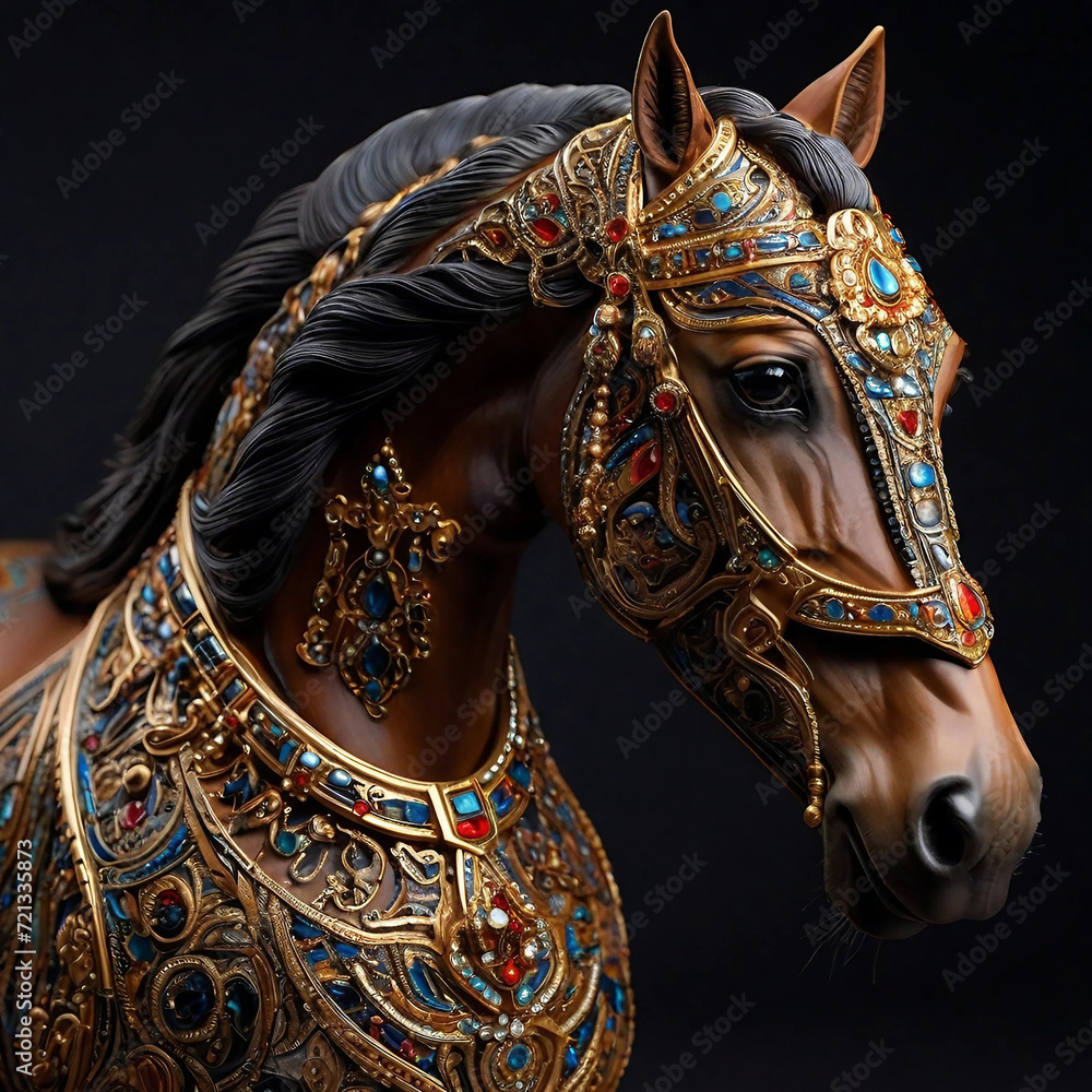 A regal Arabian horse adorned with intricate patterns and jewels, representing the rich culture and history of the Arabian Peninsula Ai generated