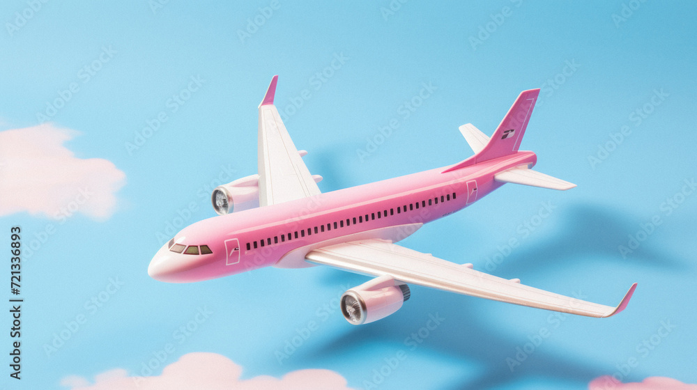 Airplane model on blue sky background. Travel and transport concept .