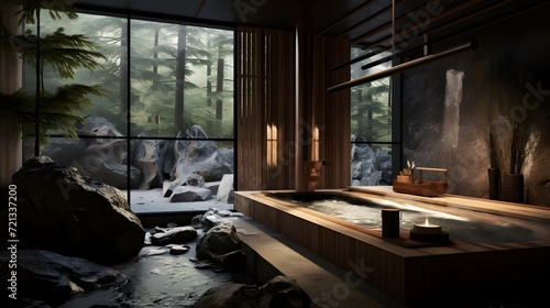 A Japanese onsen-style sauna, utilizing natural hot springs, creating a zen-like ambiance for a traditional and rejuvenating bathing experience.