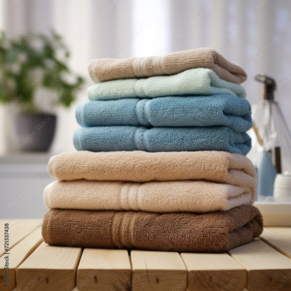 Stack of pastel colored folded towels on wooden table in bathroom. Stack of pastel colored folded towels on wooden table in bathroom.