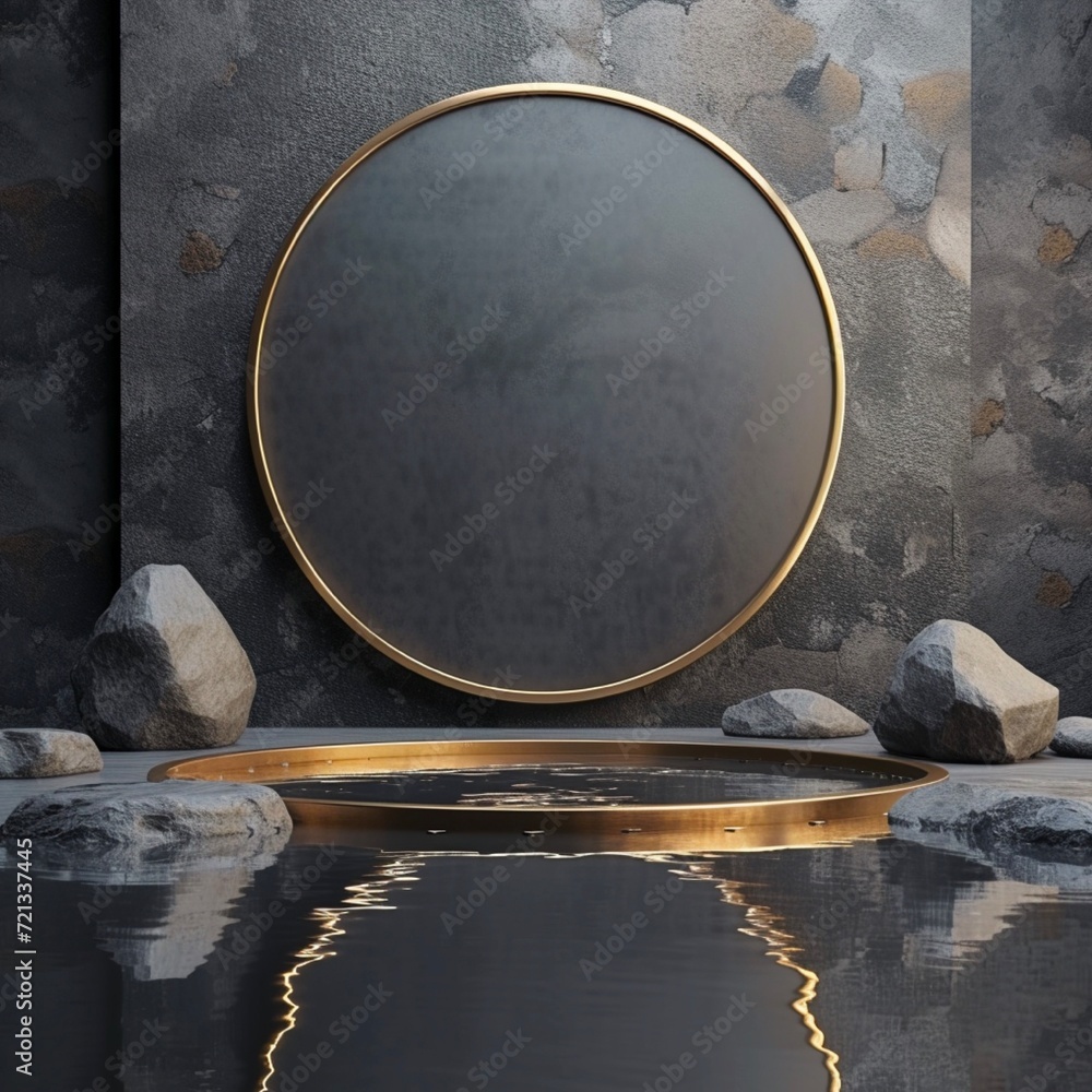 3d render, abstract modern minimal background with black and gold cobblestones, reflection in the water on the wet floor. Blank showcase with golden round frame, Made with generative ai