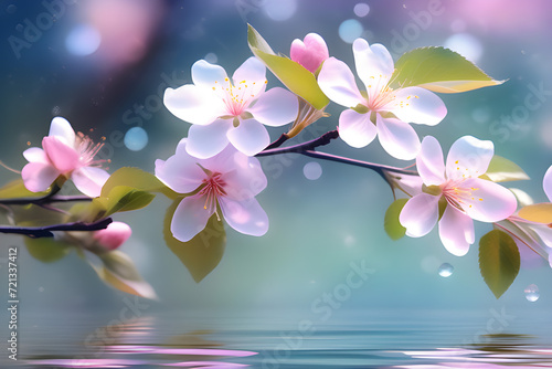Gently pink spring flowers on a tree branch above the water and with a beautiful reflection in the water