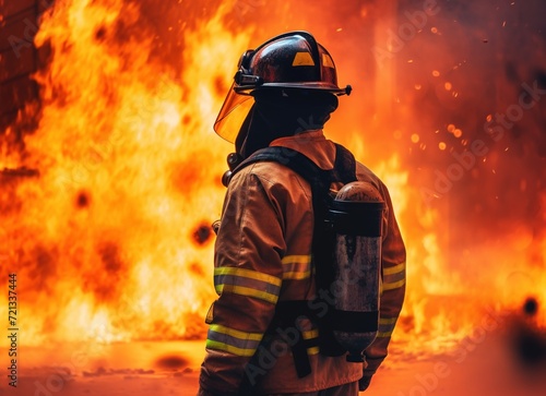 Firefighter at the background of fire