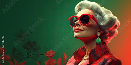 Retro vibes abound as a chic woman with voluminous hair and stylish sunglasses poses against a solid background, embodying 1980s fashion.