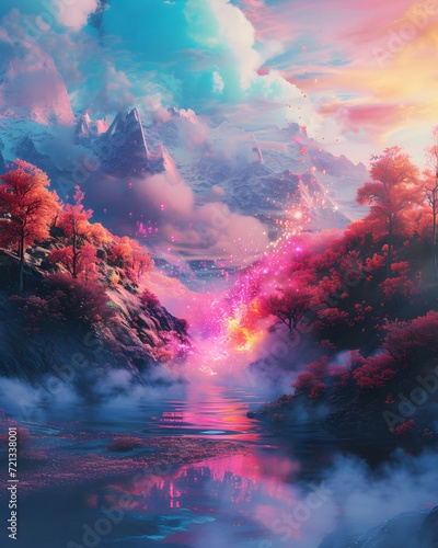 Holi background featuring dreamlike landscapes filled with floating colors © Sagar