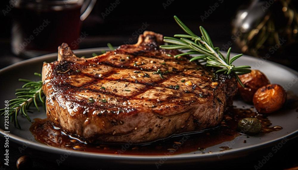 Grilled steak, juicy and tender, ready to eat on rustic plate generated by AI Grilled steak, juicy and tender, ready to eat on rustic plate generated by AI