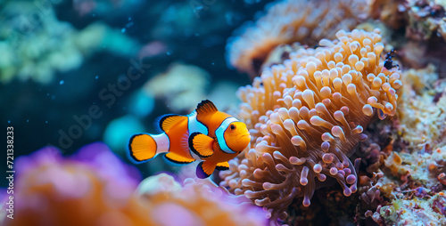 Clown anemonefish, Amphiprion percula, on a coral reef,Clown anemonefish, Amphiprion percula.