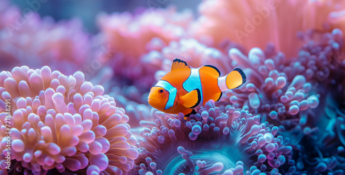 Clown anemonefish, Amphiprion percula, on a coral reef,Clown anemonefish, Amphiprion percula.