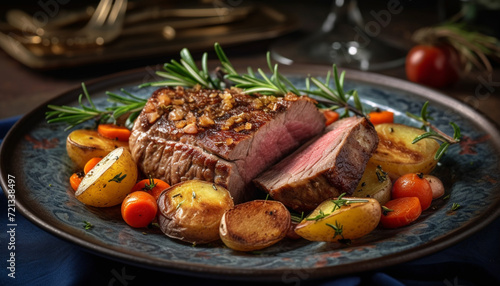 Grilled steak fillet, fresh tomato, gourmet meal on plate generated by AI