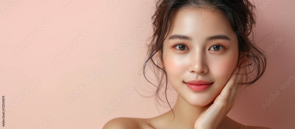 Natural beauty. Young woman with a glowing complexion and a natural makeup look, showcasing flawless skin and a gentle touch to her face Natural beauty. Young woman with a glowing complexion and a natural makeup look, showcasing flawless skin and a gentle touch to her face