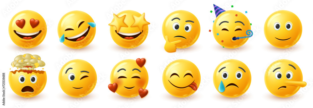 Fototapeta premium Funny 3d emoji faces. Yellow emoticon with love hearts and star eye, happy laughing and smiling face. Mind blown head explosion, wink, yummy tongue