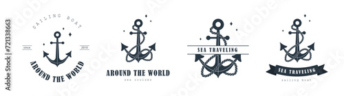 Set of sea traveling logos. Vintage stamps with anchor icons. Maritime cruise. Nautical badges collection. Vector templates for ocean voyages on white background.