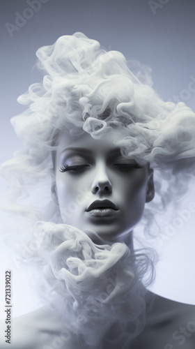 Fashion portrait of a beautiful woman with white smoke on her face