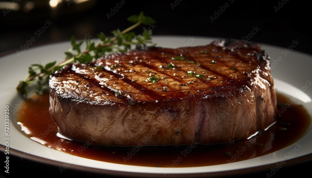 Grilled steak, cooked rare, with savory sauce and fresh salad generated by AI Grilled steak, cooked rare, with savory sauce and fresh salad generated by AI