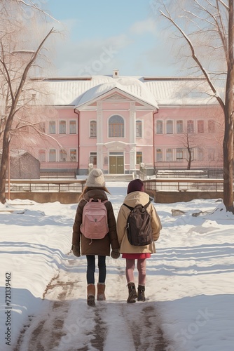 Children's Wintry Walk Toward a Pink Historic Building © miriam artgraphy