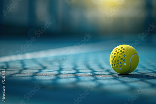 Yellow pickleball ball close-up on a pickleball court, with space for text