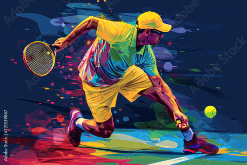 Illustration of a male pickelball player reaching for the ball on a colored background