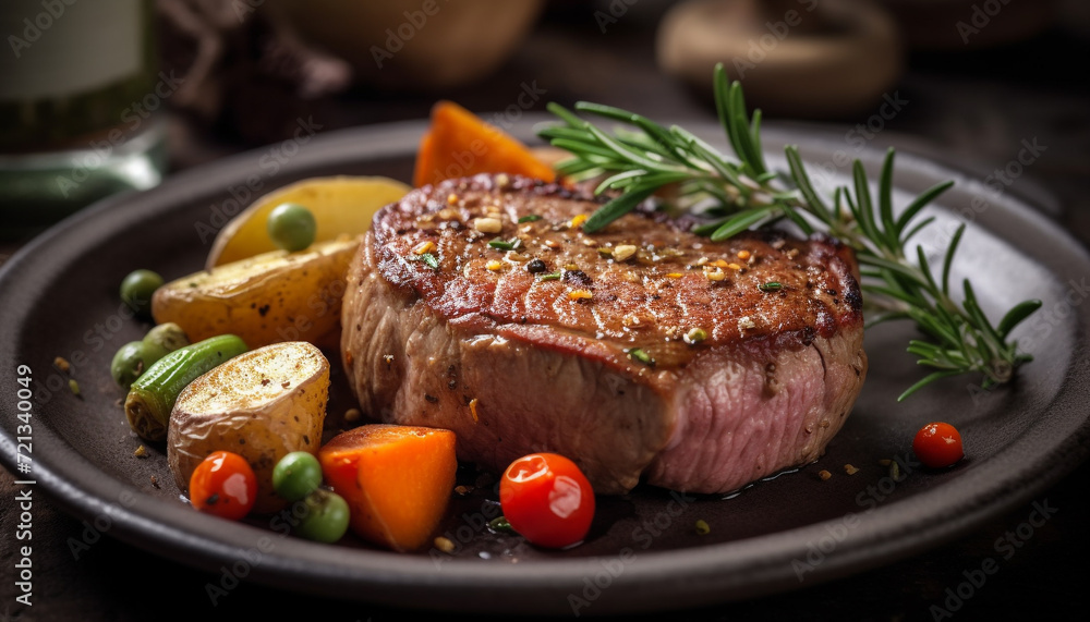 Grilled steak, fresh meat, cooked to perfection on barbecue generated by AI Grilled steak, fresh meat, cooked to perfection on barbecue generated by AI