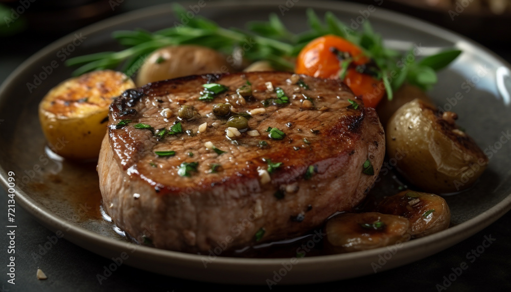 Grilled steak, fresh vegetables, and prepared potato on rustic plate generated by AI Grilled steak, fresh vegetables, and prepared potato on rustic plate generated by AI