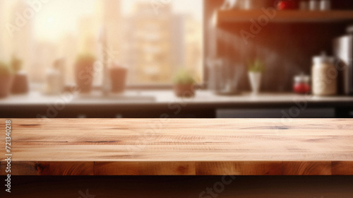 Empty wooden table in front of blurred kitchen background, product display montage