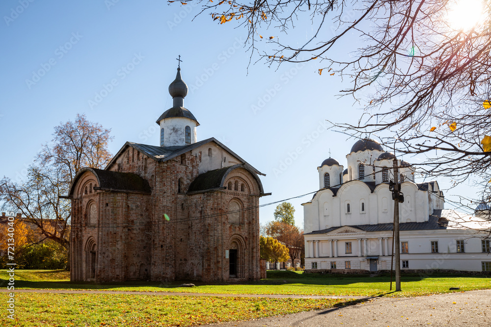 Ancient temples of Yaroslav's Dvorishche. Church of St. Paraskeva Friday of 1207 and St. Nicholas Cathedral of 1136. Veliky Novgorod, Russia