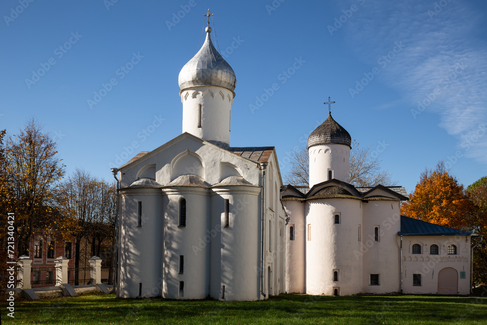 Ancient churches of Procopius the Great Martyr and the Myrrh-Bearing Women on Yaroslav's courtyard. Veliky Novgorod, Russia